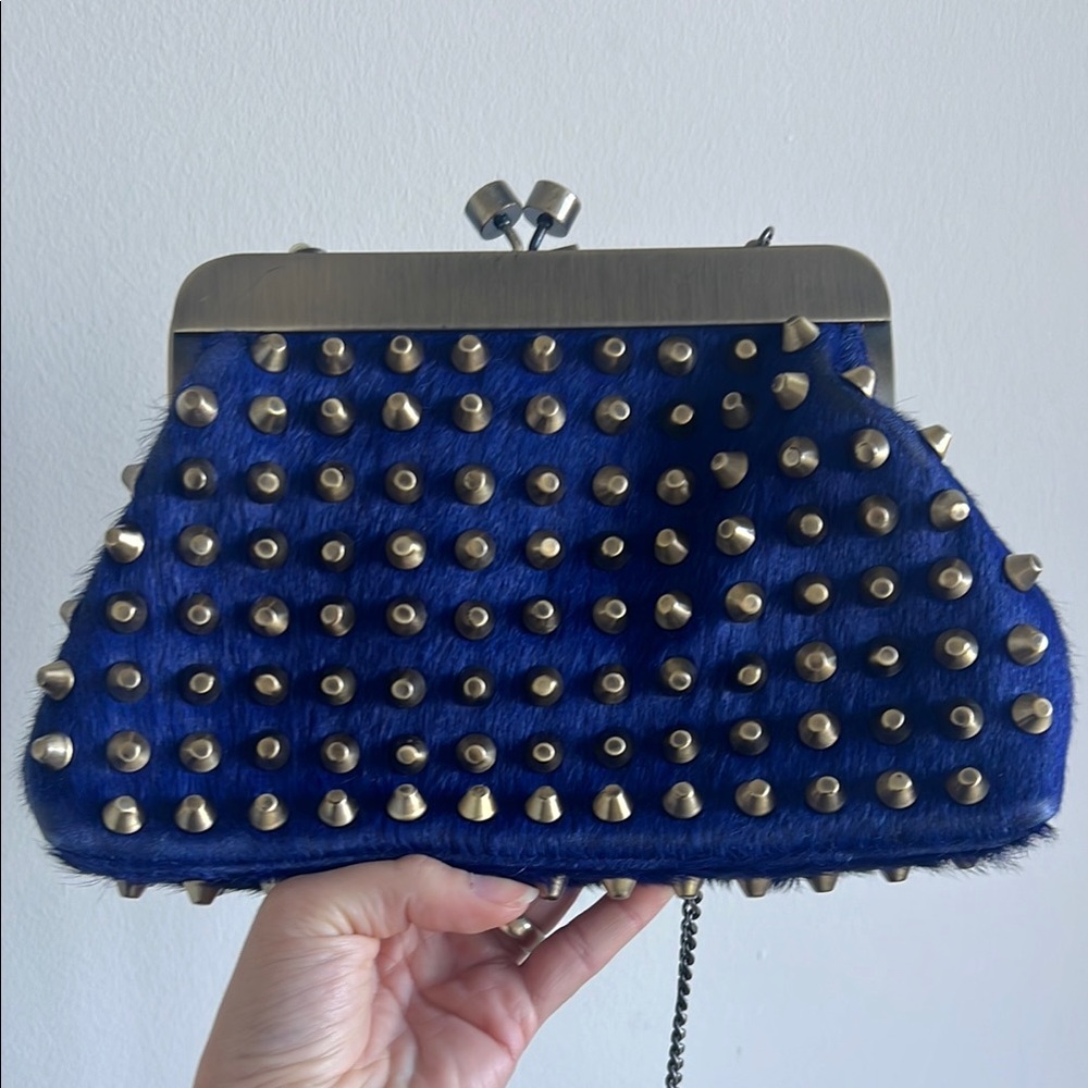 Studded Blue Calf Hair Clutch with Strap